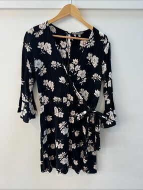 Black Floral Wrap Dress with Tie Waist